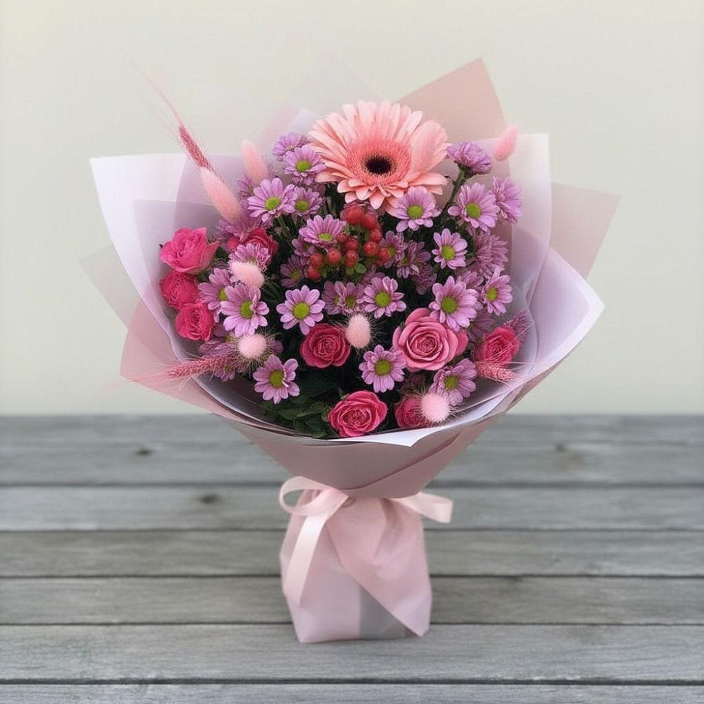Букет цветов из: Розы, Герберы и Хризантемы в Ленинское